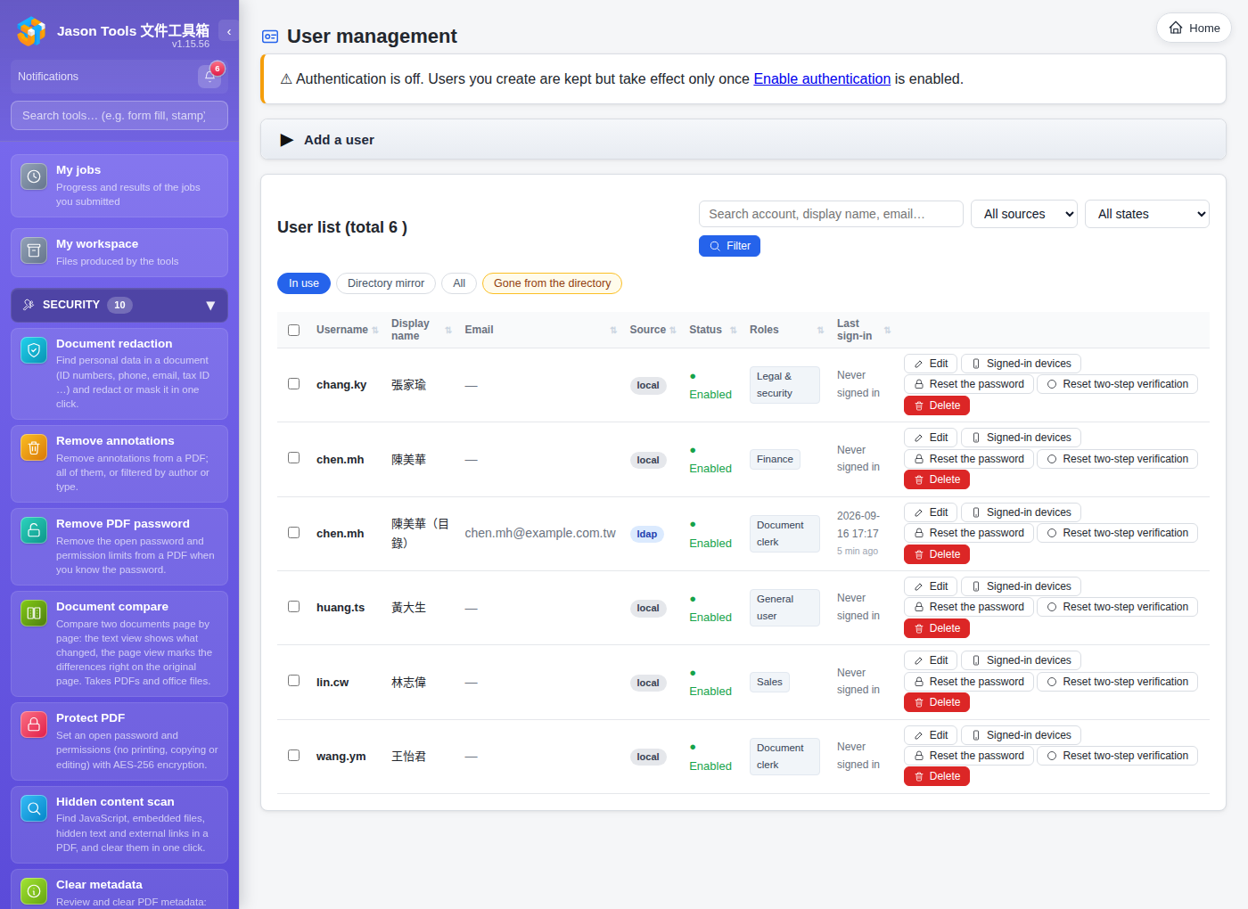 User management; the same “jason” in both the local and ldap realms