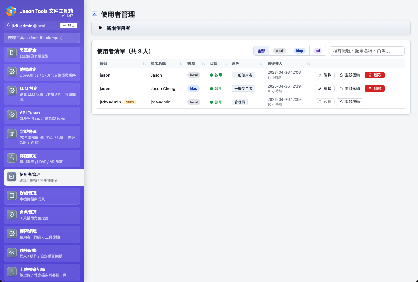 使用者管理 — 同名 jason 在 local + ldap 兩個領域並存