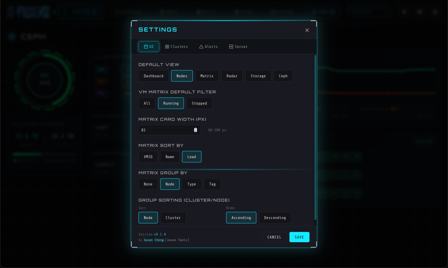 Settings panel