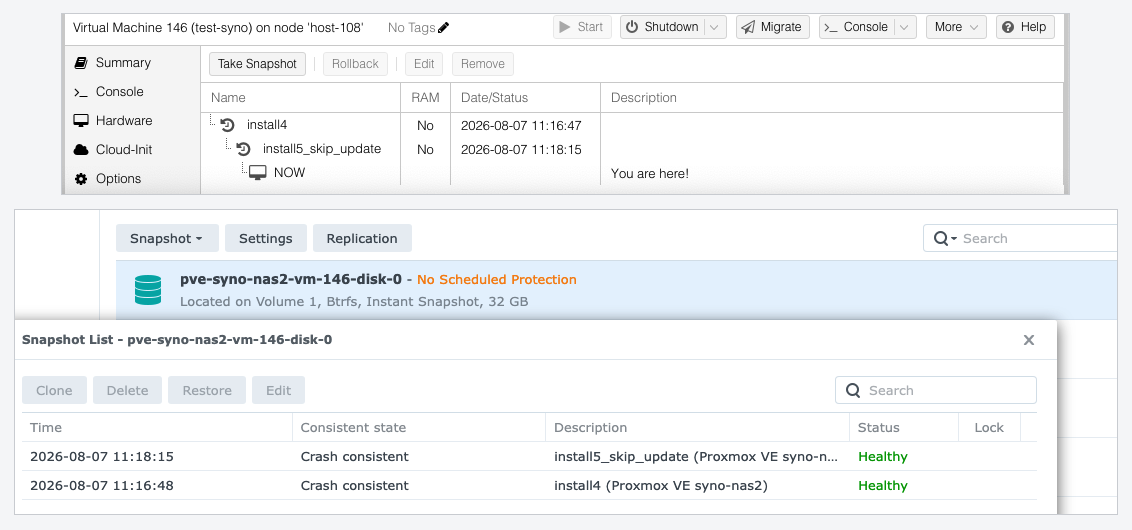 The same two snapshots: Proxmox VE's snapshot list above, SAN Manager's snapshot list below, with each PVE snapshot name appearing in the DSM description column